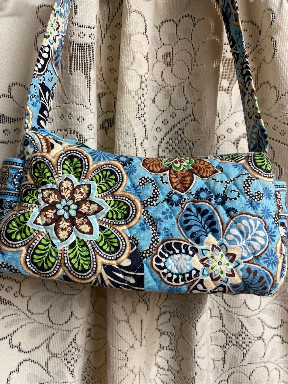 Vera Bradley Blue Floral Quilted Shoulder Bag with Green Accents